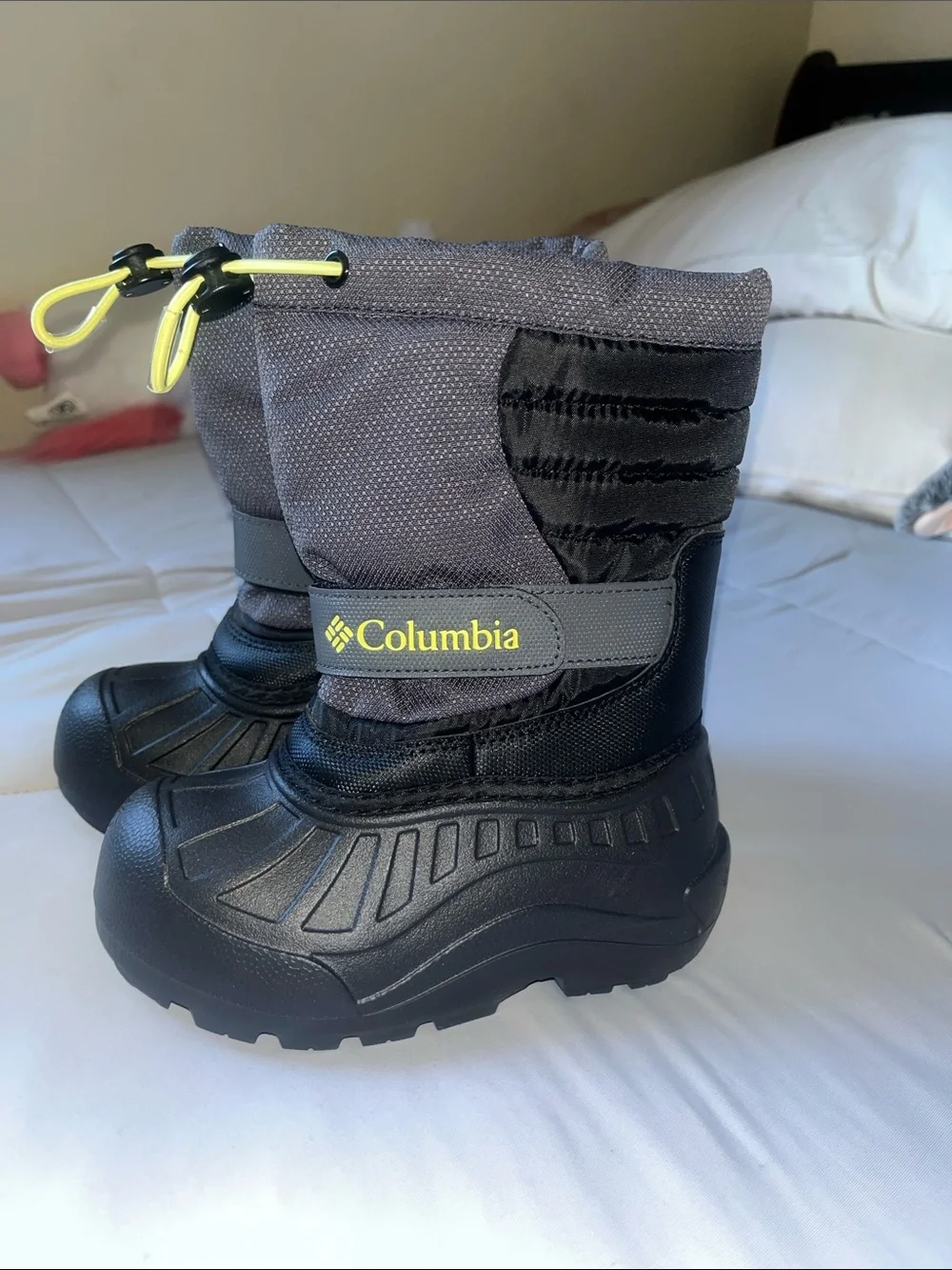 Columbia Kids Gray and Black Snow Boots with Yellow Accents